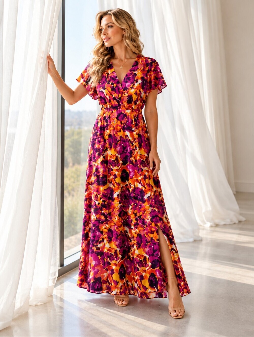 Nina Leonard Vibrant Super Soft Floral V-Neck Maxi Dress in Fuchsia & Orange